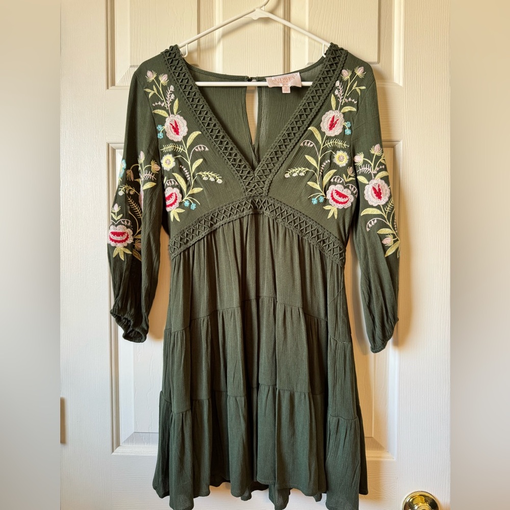 Francesca's Olive Green Embroidered V-Neck Tiered Dress - Picture 10 of 10
